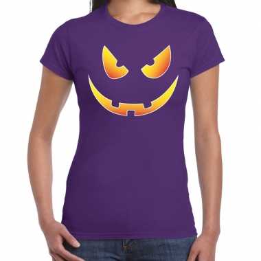 Halloween scary face verkleed t-shirt paars voor dames carnaval